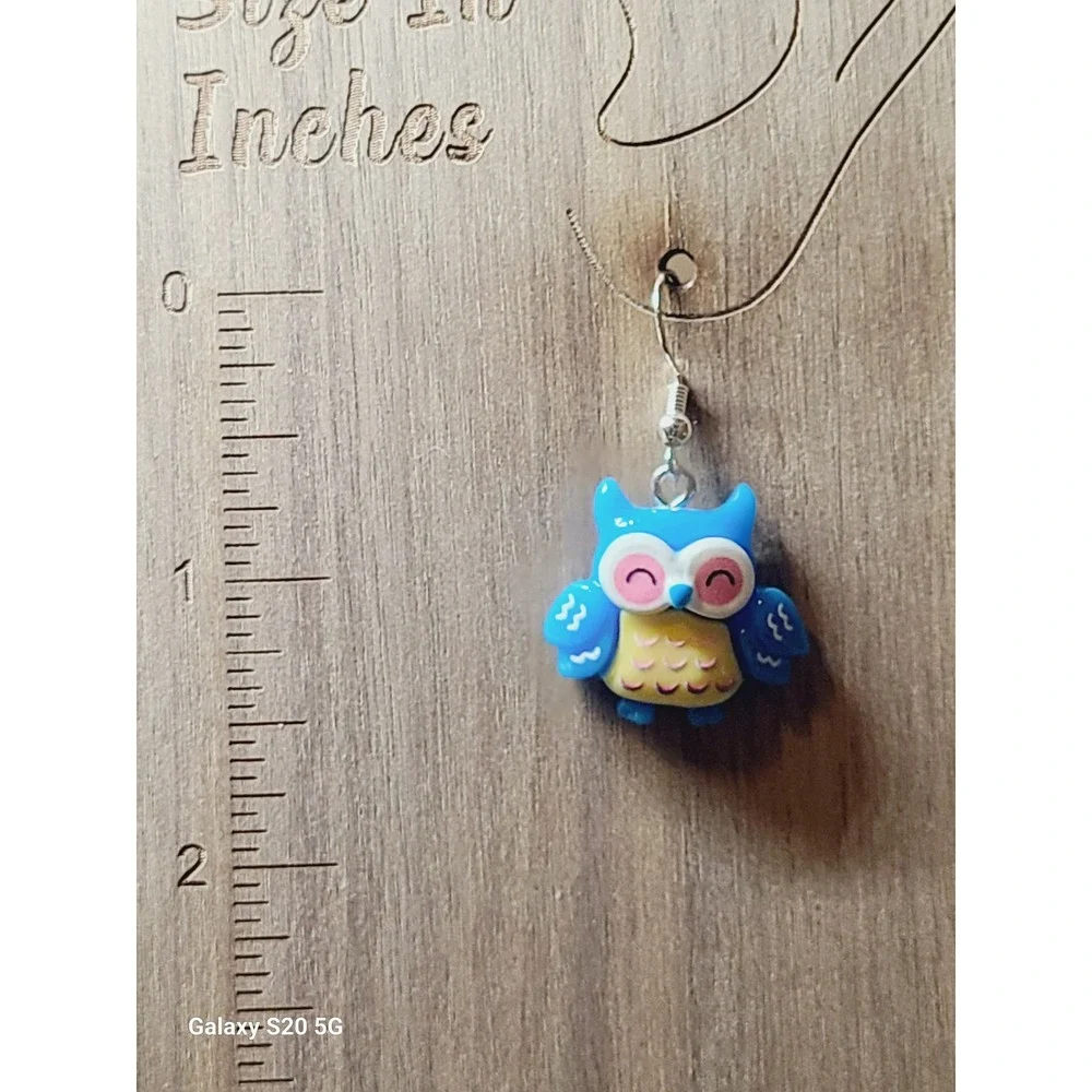 Blue Owl Drop Earrings Whimsical Resin Bird Dangle Silver Tone Hook Jewelry‎